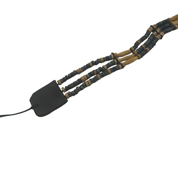 Wood Beaded Multistrand Choker Necklace Blue Yellow Tribal Bohemian Adjustable - Picture 3 of 5